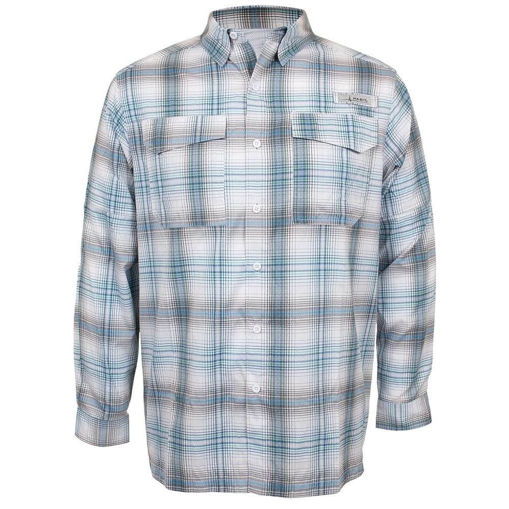 NWT HABIT Men's Blue White and Gray Ts1457 Long Sleeve River Guide Fishing Shirt